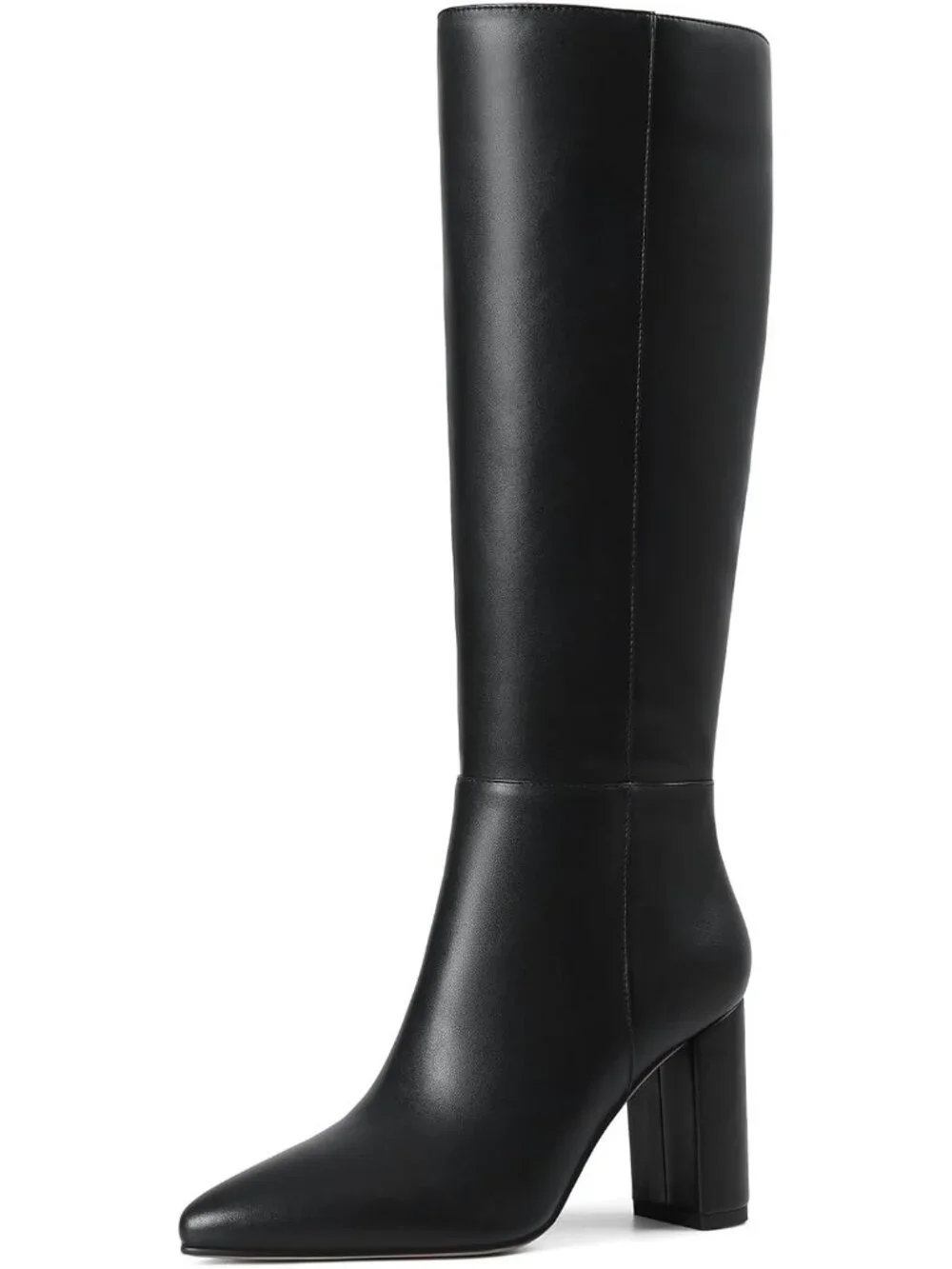 Women's Black Wide Chunky Heel Pointed Toe Non Slip Side Zipper Knee High Boots